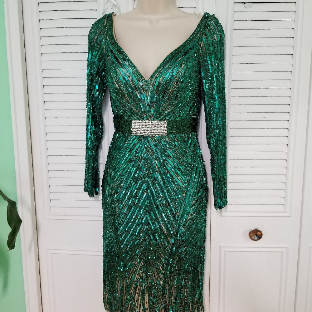 MacDuggal Fully Beaded n Sequined Green Cocktail Dress sz 4